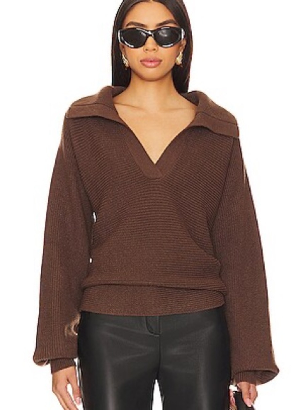 Relaxed V-Neck Ribbed Sweater in Brown